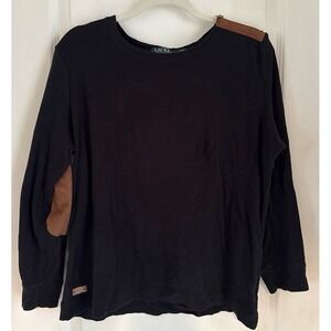 Lauren Ralph Lauren Top Shirt Black Cotton Knit Zipper Shoulder Elbow Patches 1X